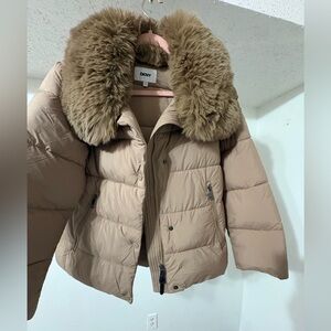 DKNY Women's Beige Puffer Jacket with Plush Fur Collar